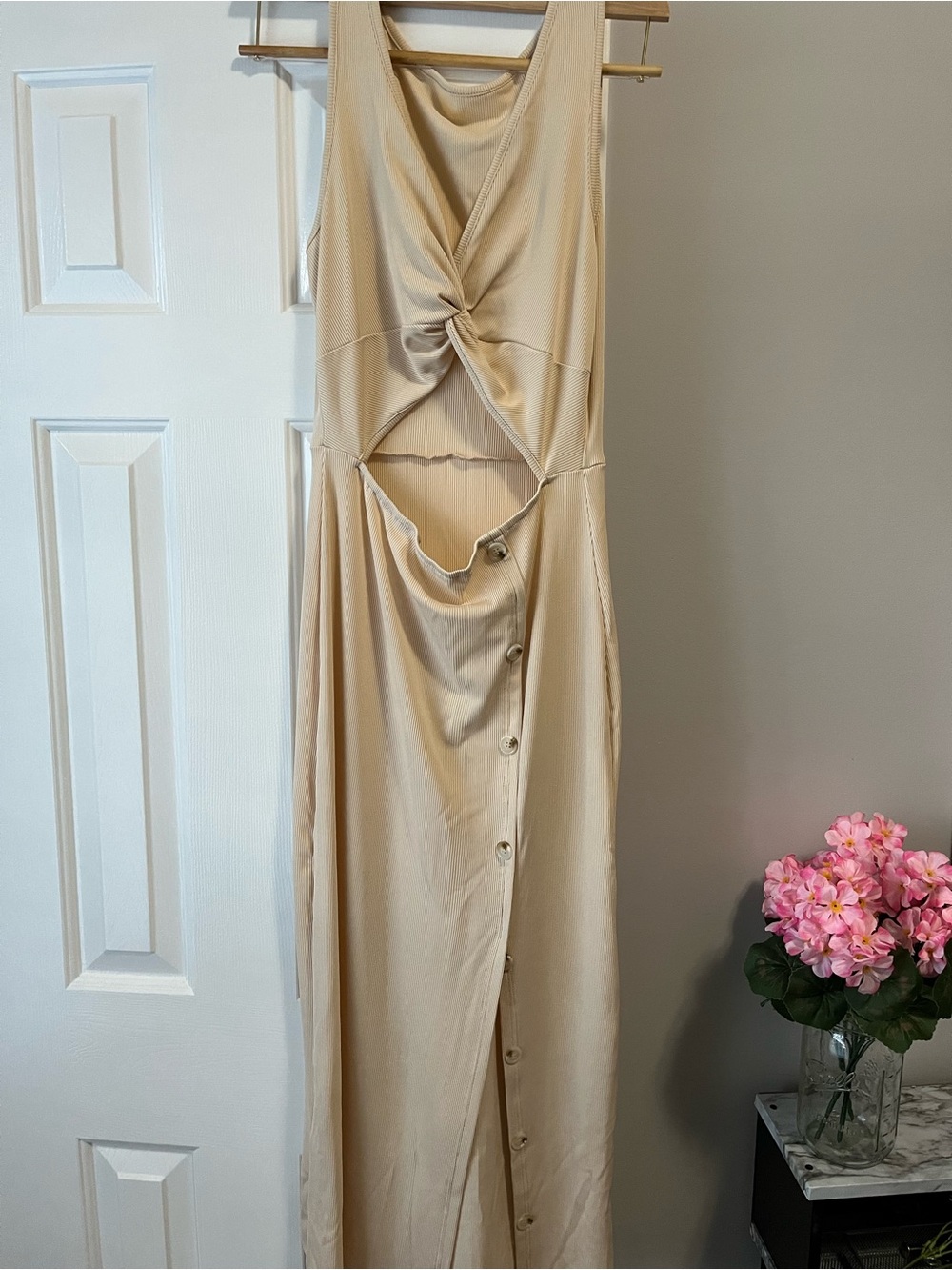 Sleeveless Beige Twist Front Cutout Maxi Dress
